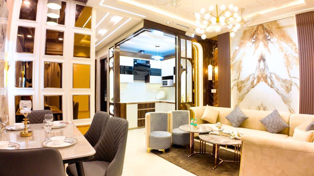 Modern 3 BHK flat living room and kitchen